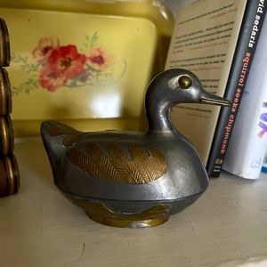 Vintage handmade pewter and brass duck trinket box.